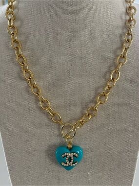 Upcycled Authentic Stamped A25V Chanel Crystal CC Heart Charm on 14K GP Necklace